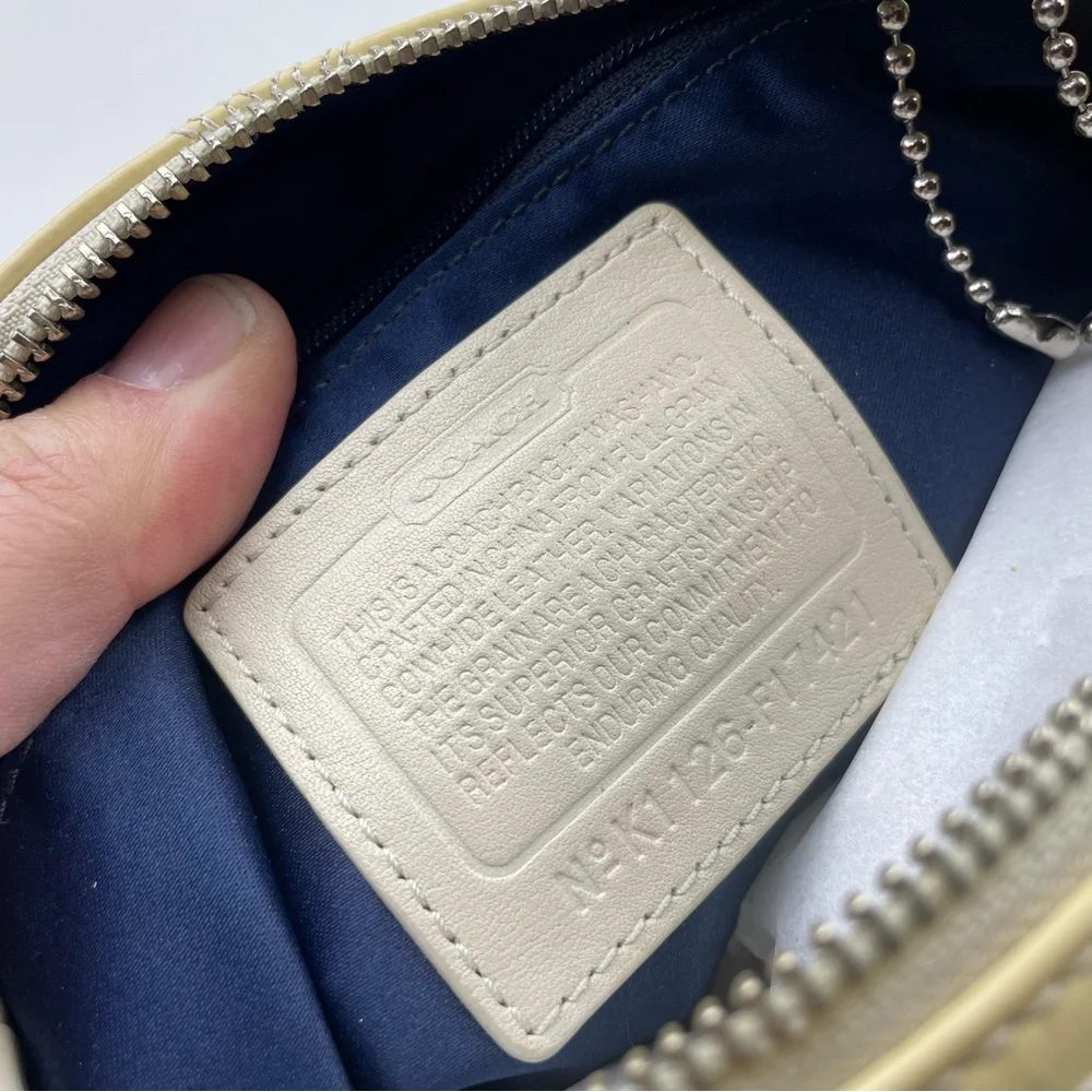 Coach Signature Light Cream Crinkled Patent Leather Zipper Hobo Shoulder